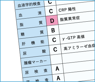 健康診断結果の判定一覧（脂質D判定・肝機能C判定など）
